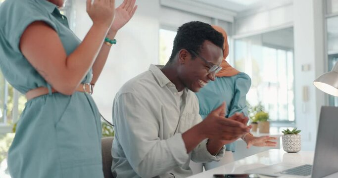 High five, success and excited business people with laptop for win, achievement and work celebration. Teamwork, support and employees happy about goal, target and online promotion with a smile