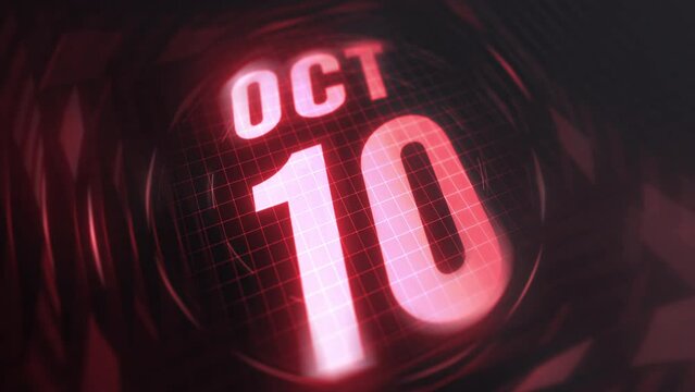 10 October in 3d motion graphic. Infrared calendar in futuristic and tech glowing neon for takes, commemoratives in led and etc. 4k in loop