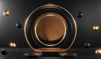 3d render of abstract realistic studio room with Luxury round pedestal stand podium with golden glitter in shape backdrop. Luxury black friday sale scene for product display presentation background