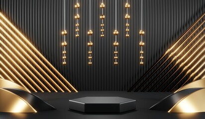 Fototapeta premium 3d render of abstract realistic studio room with Luxury round pedestal stand podium with golden glitter in shape backdrop. Luxury black friday sale scene for product display presentation background