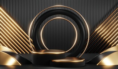 3d render of abstract realistic studio room with Luxury round pedestal stand podium with golden glitter in shape backdrop. Luxury black friday sale scene for product display presentation background