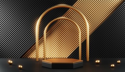 Fototapeta premium 3d render of abstract realistic studio room with Luxury round pedestal stand podium with golden glitter in shape backdrop. Luxury black friday sale scene for product display presentation background