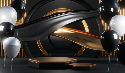 Obraz premium 3d render of abstract realistic studio room with Luxury round pedestal stand podium with golden glitter in shape backdrop. Luxury black friday sale scene for product display presentation background