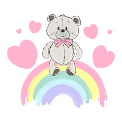 Cute bear on rainbow with hearts. Cartoon vector illustration for baby, child