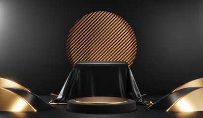 3d render of abstract realistic studio room with Luxury round pedestal stand podium with golden glitter in shape backdrop. Luxury black friday sale scene for product display presentation background