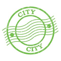 CITY, text written on green  postal stamp.