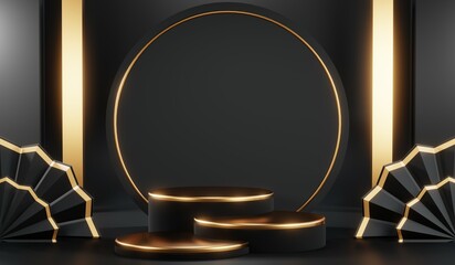 3d render of abstract realistic studio room with Luxury round pedestal stand podium with golden glitter in shape backdrop. Luxury black friday sale scene for product display presentation background