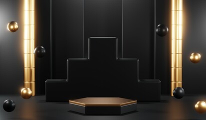 3d render of abstract realistic studio room with Luxury round pedestal stand podium with golden glitter in shape backdrop. Luxury black friday sale scene for product display presentation background