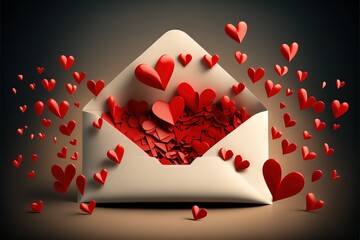 St. Valentine's Day: Love letter. Opened envelope with tiny red hearts flying out. AI