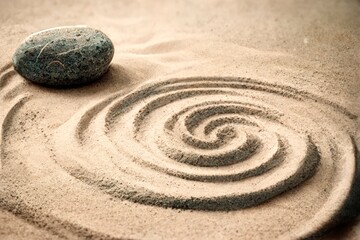 Fototapeta na wymiar Zen sand garden. White and gray zen stones on sand with abstract wave drawings. Concept of harmony, balance and meditation, spa, massage, relax.