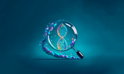 DNA under magnifying glass. Medical illustration of the DNA or human genes. Genetic science future biology concept.