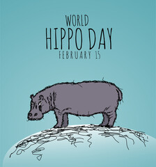 world hippo day february 15 vector illustration, holiday concept, scribble art, suitable for web banner poster or card campaign