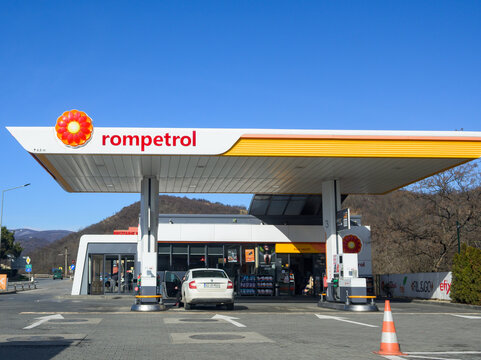 The price of gasoline and diesel - concept.Fuel supply station belonging to the Rompetrol company.  Romania, Mehedinti. February, 01, 2023