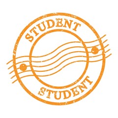 STUDENT, text written on orange postal stamp.