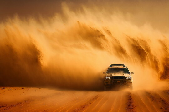 Car On The Desert Road In Sand Storm, Generative Ai