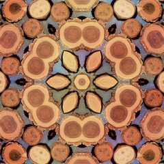 Kleine, runde Holzscheiben mit Struktur als Kaleidoskop oder Mosaik 