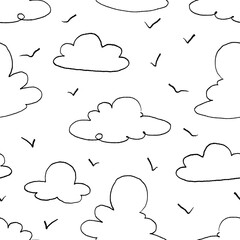 Hand Drawn Doodle Clouds and Birds Vector Seamless Pattern