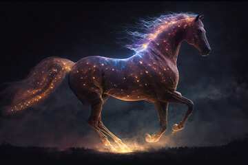 A horse made of light particle star. Generative AI	