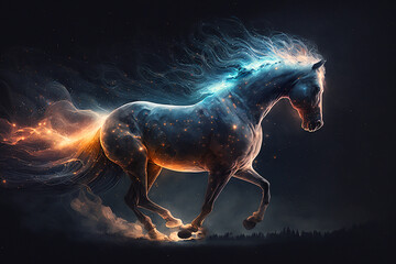 A horse made of light particle star. Generative AI	