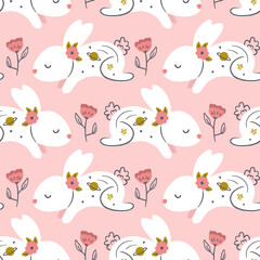 Cute Sleeping Baby Rabbits with Flowers Vector Seamless Pattern