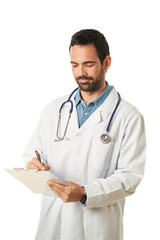 a male medical doctor writing in a folder