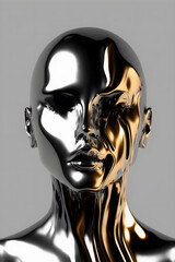 Distorted face of mannequin made of metal. Surrealist art and modern concept. Generative AI. - obrazy, fototapety, plakaty