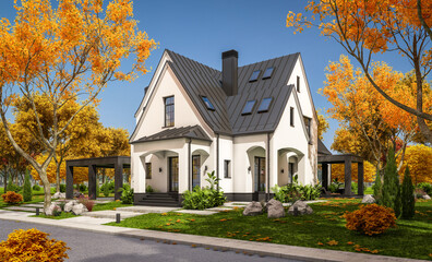 3d rendering of cute cozy white and black modern Tudor style house with parking  and pool for sale or rent with beautiful landscaping. Fairy roofs. Clear sunny autumn day with golden leaves anywhere