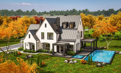 3d rendering of cute cozy white and black modern Tudor style house with parking  and pool for sale or rent with beautiful landscaping. Fairy roofs. Clear sunny autumn day with golden leaves anywhere