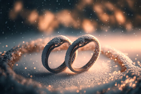 wedding rings on the sky. a picture of couple rings on a winter background. Perfect for creative projects and wedding themes. 