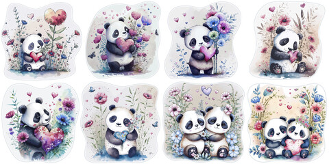 Fototapeta na wymiar Valentine Day Watercolor Cute Pandas and hearts love couple Sticker. Generative AI