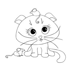 Linear sketch, coloring of a cute little cat playing with mice. Vector graphics.