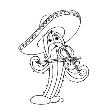Funny character of Mexican national holiday Cinco de Mayo. Cactus in a sombrero plays the violin. Vector linear sketch, coloring book.