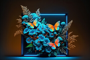 Tropical leaves, large exotic flowers and butterflies frame. Exotic botanical design for cosmetics, spa, perfume, beauty salon, travel agency, florist shop. Post-processed digital AI art	
