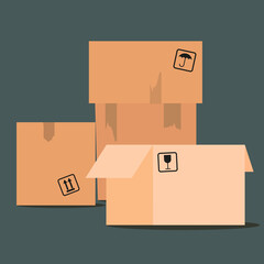 Cardboard boxes, parcels, packages stacked on top of each other. Packaging vector icons set on cardboard background.Side view. Business vector illustration. Flat design, cartoon style isolated on dark