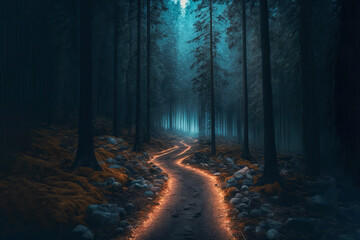 Fototapeta premium Mysterious pathway in midnight winter forest. Tree silhouettes in the dark. Post-processed digital AI art 