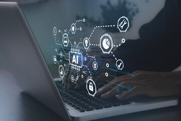 AI,Artificial intelligence concept.Programer querying, analysing and visualizing complex data set on virtual screen.