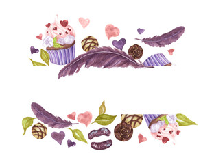 Beautiful Watercolor Frame for Invitations, Postcards of other Stationery with Valentine’s or other Romantic Greetings. Velvet feathers and kisses with hearts and romantic desserts illustration 