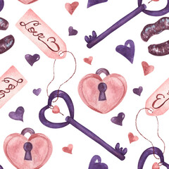 Paired Lock and  Key with Hearts Romantic Seamless Pattern. Valentine’s watercolor pattern in velvet and pink colors with holiday symbols for wallpaper, banner, textile, postcard or wrapping paper