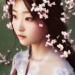 Fototapeta premium Portrait of a young japanese woman with traditional clothing and cherry blossom in her hair - Generative AI