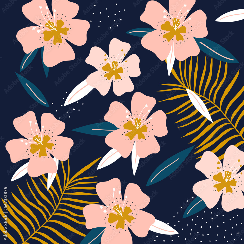 Poster blue pattern with flowers and palm leaves. abstraction. poster with lines and spots. vector stock il