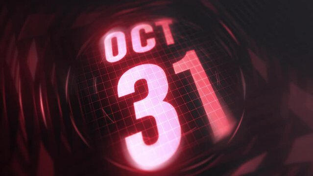 31 October in 3d motion graphic. Infrared calendar in futuristic and tech glowing neon for takes, commemoratives in led and etc. 4k in loop