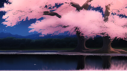幻想的な桜　夜桜　イラスト　CG　花見　春　桜吹雪　夜景