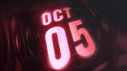 5 October in 3d motion graphic. Infrared calendar in futuristic and tech glowing neon for takes, commemoratives in led and etc. 4k in loop