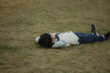 	芝生に寝転ぶ男の子 - obrazy, fototapety, plakaty