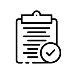 Clipboard with a checkmark line icon. Document, survey, documentation, research, sheet of paper, file, approved. Business concept. Vector line icon on white background