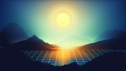 Retro synthwave landscape with mountains and sun - 567332867