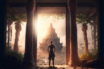 Exploring Ancient Traditions, abstract exotic traveler looking at the next adventure