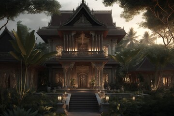 Fototapeta premium A Journey Through Bali: Traditional Architecture with Intricate Details and a Lush Garden