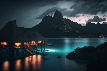 photo resembling the four seasons bora bora in the frech polynesia, stunning mountains in the background with a house on top of the sea