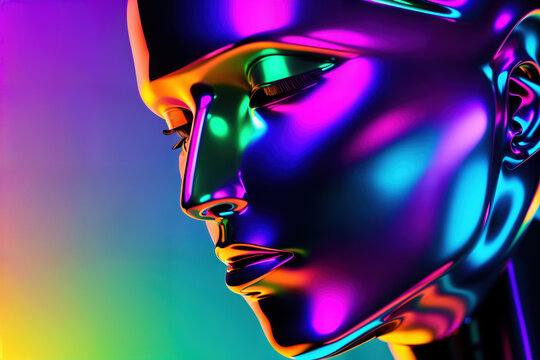 Chrome colorful robot, neon light. Artificial intelligence concept. Generative Ai